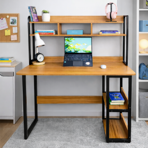 Bàn học – bàn làm việc MDF phủ melamin khung sắt vuông 25, có kệ sách – Size 1200mm