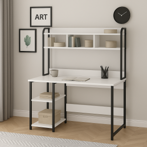 Bàn học – bàn làm việc MDF phủ melamin khung sắt vuông 25, có kệ sách – Size 1200mm