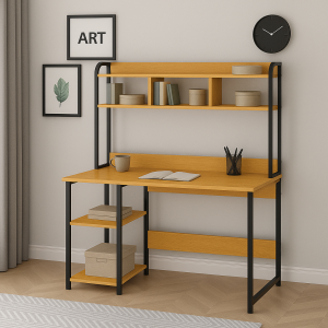 Bàn học – bàn làm việc MDF phủ melamin khung sắt vuông 25, có kệ sách – Size 1000mm