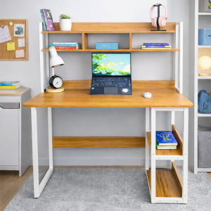 Bàn học – bàn làm việc MDF phủ melamin khung sắt vuông 25, có kệ sách – Size 1000mm