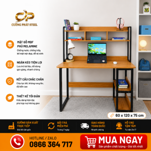 Bàn học – bàn làm việc MDF phủ melamin khung sắt vuông 25, có kệ sách – Size 1200mm