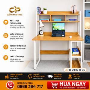 Bàn học – bàn làm việc MDF phủ melamin khung sắt vuông 25, có kệ sách – Size 1000mm
