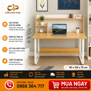 Bàn học – bàn làm việc MDF phủ Melamin có kệ sách, chân sắt sơn tĩnh điện | Size 1200mm