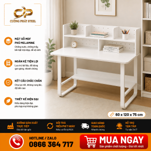 Bàn làm việc khung sắt MDF phủ Melamine có kệ  R600 x D1200 x C750