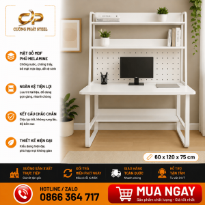 Bàn làm việc MDF khung sắt 25x50 có kệ – Size 600x1200x750