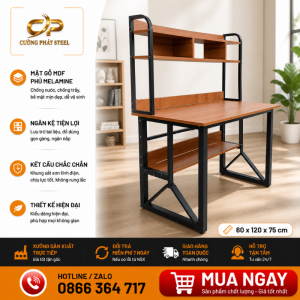 Bàn Làm Việc B2KK02 Khung Sắt Kèm Kệ Sách – Mặt Gỗ MDF 17mm Chống Trầy, Thiết Kế Hiện Đại