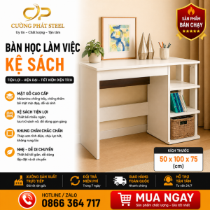 Bàn Học Bàn Làm Việc Gỗ MDF 17mm Có Kệ Sách Bên Hông