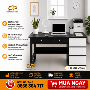 Bàn học – bàn làm việc MDF 17mm có hộc tủ 3 ngăn kéo size 1400 (BHT204)